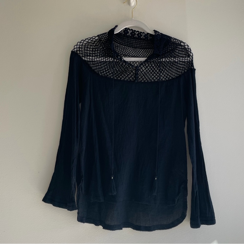 Free People Black Crochet Tassel Long Sleeve Top